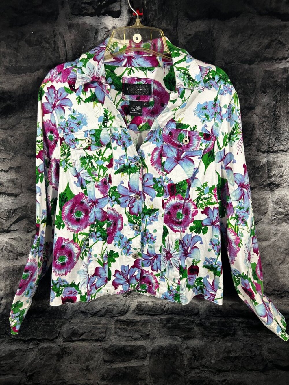 Live a Little Womens XLarge Denim Jacket Multicolor Floral Print Button Up Boho